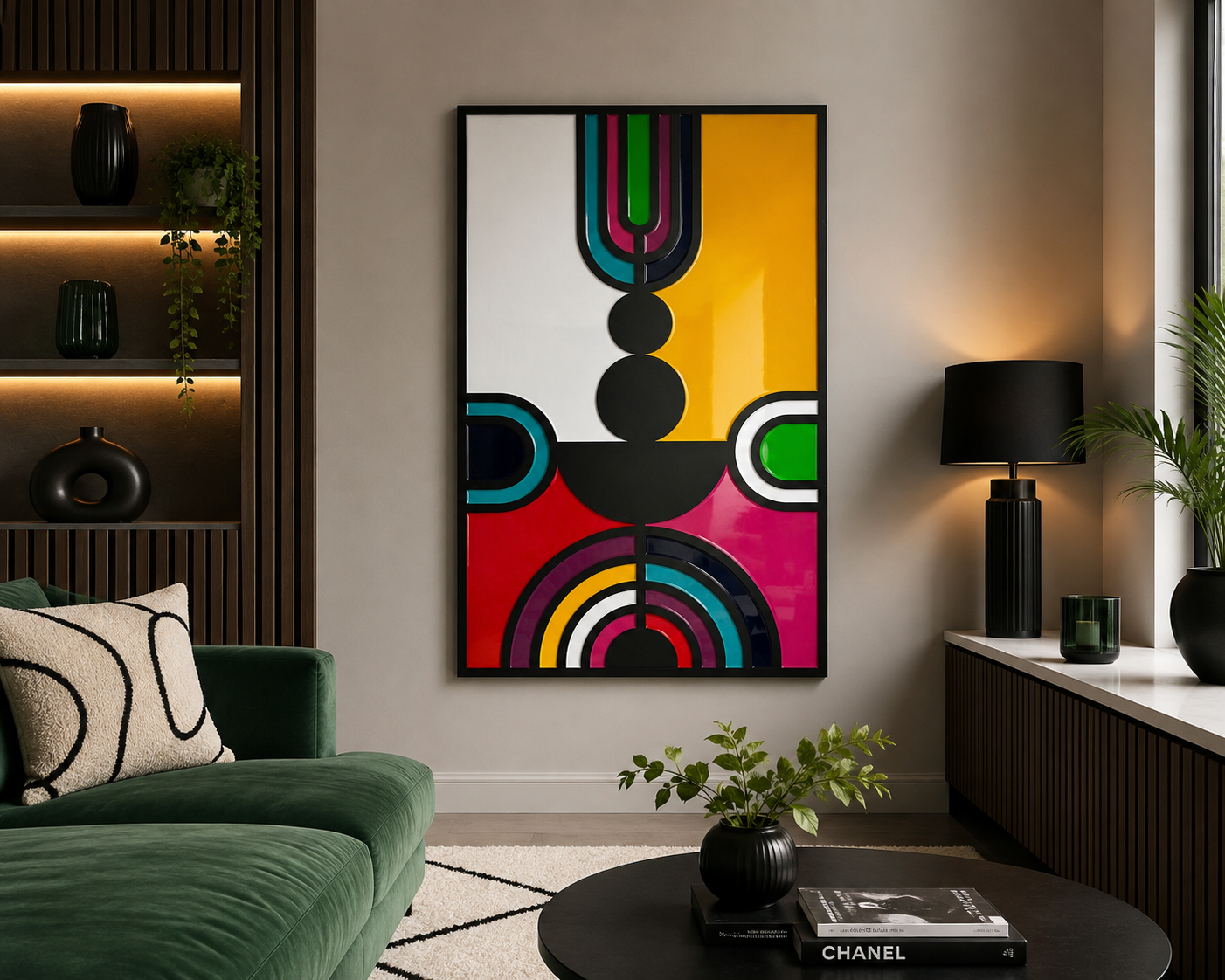 ArtVader geometric resin artwork in a modern living room